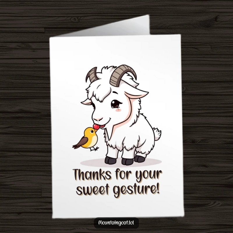 Funny Free Printable Thank You Card: A mountain goat kindly offers a berry to a tiny, surprised bird, showing gratitude.