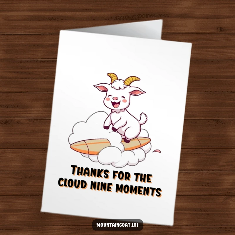 Funny Free Printable Thank You Card: Goat joyfully surfs a cloud, expressing thanks with humor and style.