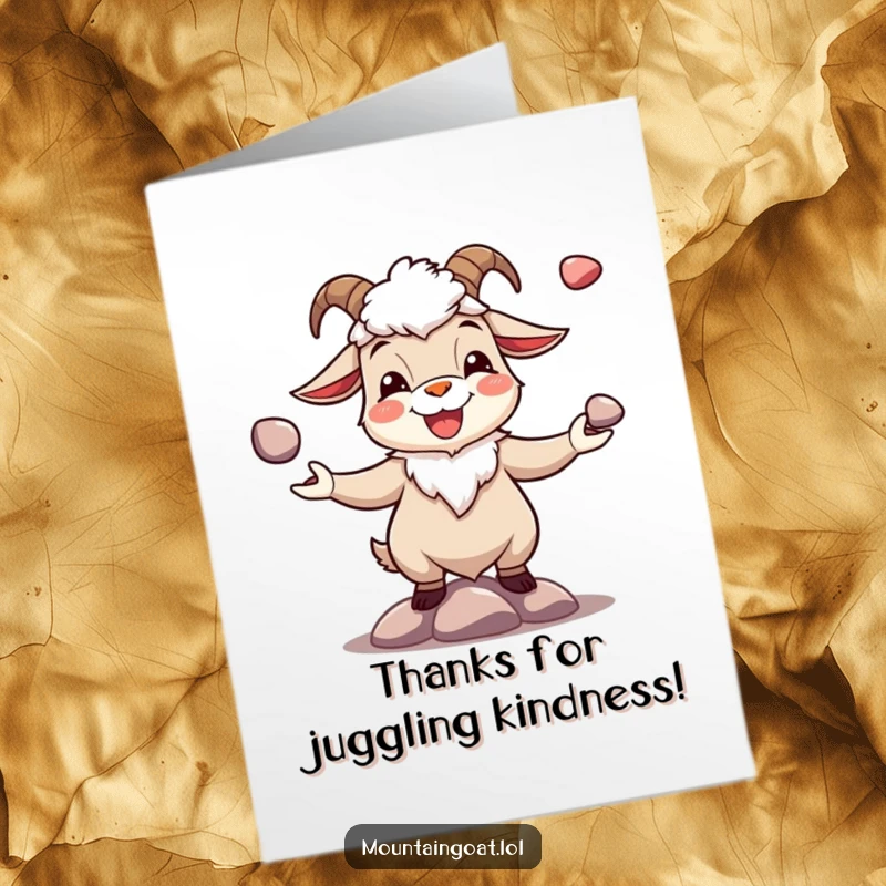 Funny Free Printable Thank You Card: A joyous mountain goat juggling three shiny pebbles, adding sparkle to your thank you.