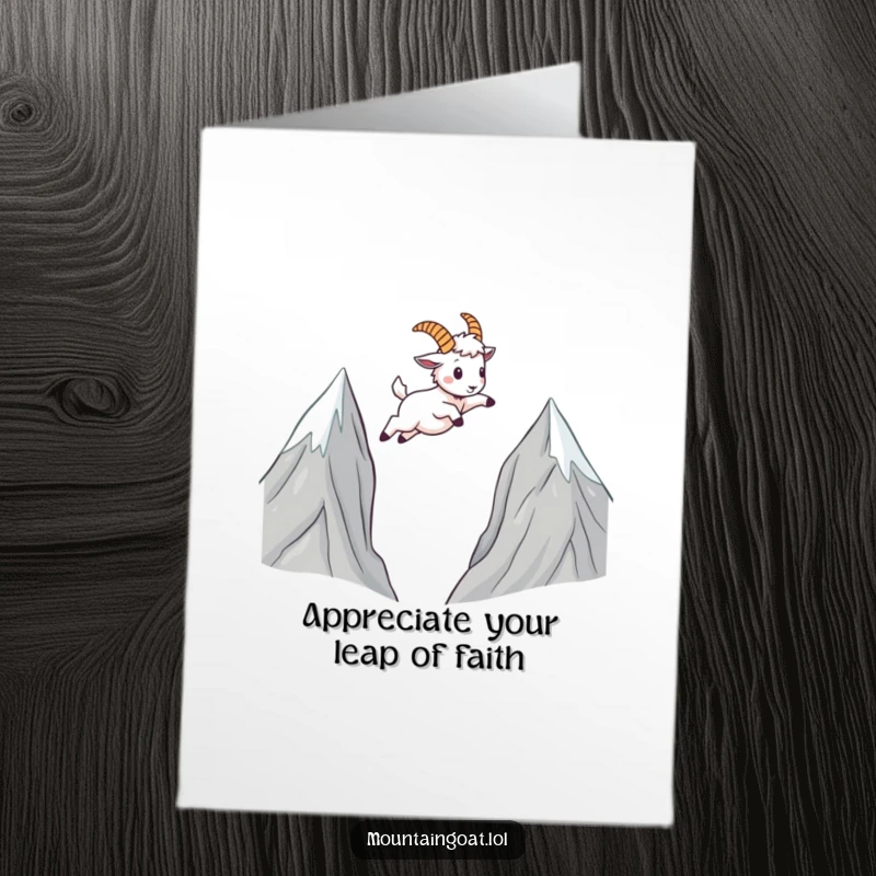 Funny Free Printable Thank You Card: Cute kawaii mountain goat mid-leap, conveying immense gratitude with a joyful, energetic pose.