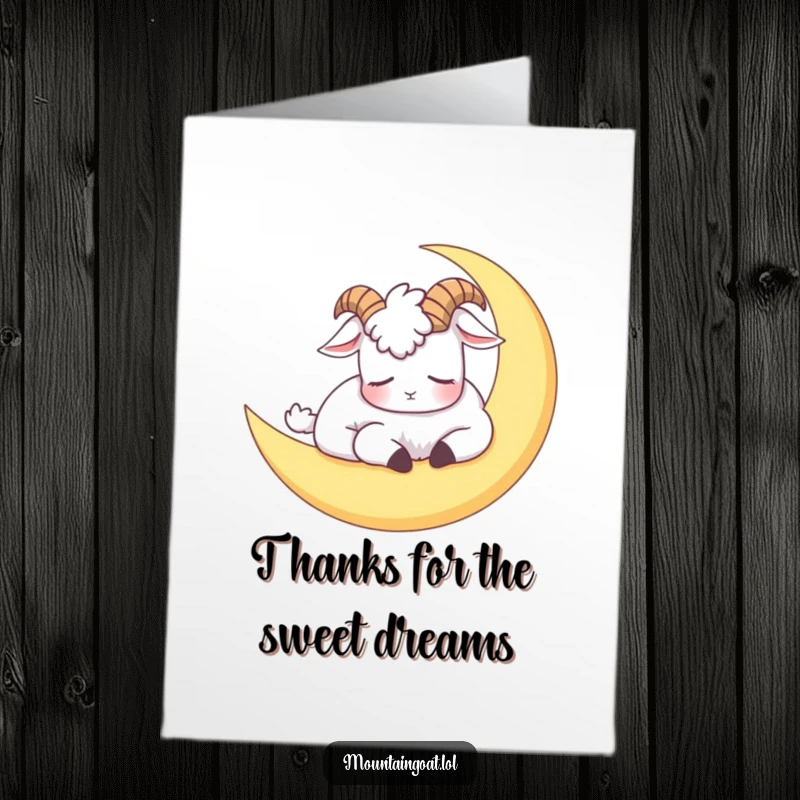Funny Free Printable Thank You Card: Sleepy mountain goat taking a nap on a crescent moon, a unique way to say thanks.
