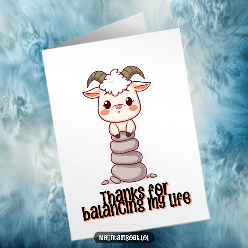 Funny free printable thank you card: A smiling mountain goat balancing a tower of pebbles, expressing gratitude. Easy to print anytime.