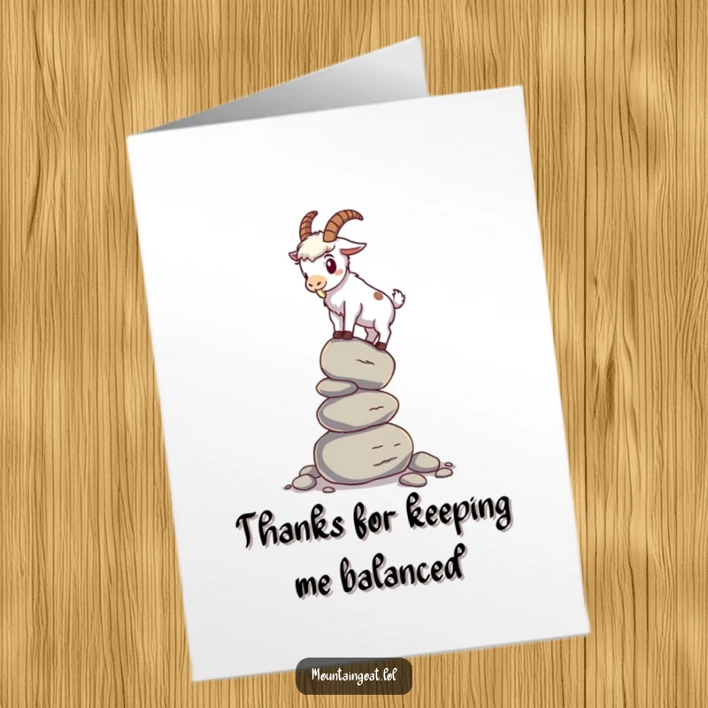 Funny Free Printable Thank you Card: A mountain goat wobbles while trying to balance on a stack of pebbles.