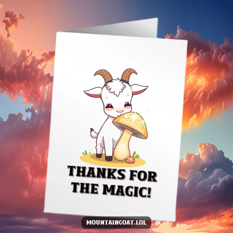Funny Free Printable thank you card of a curious goat sniffing a sparkling, oversized mushroom, a magical thank you expression.