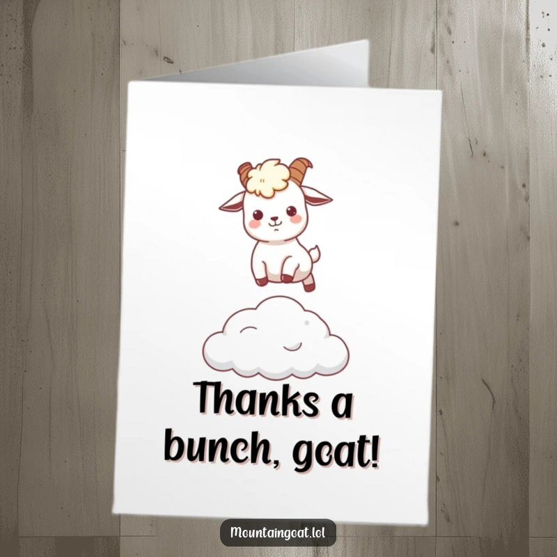 Funny Free Printable Thank You Card: Kawaii mountain goat leaping over a cloud, expressing gratitude with a playful hop.