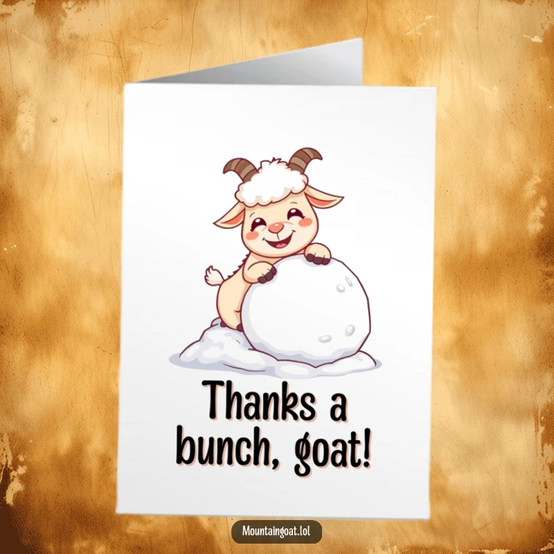 Funny Free Printable Thank You Card: A giggling goat playfully nudges a snowball, showing appreciation with a humorous downloadable touch.