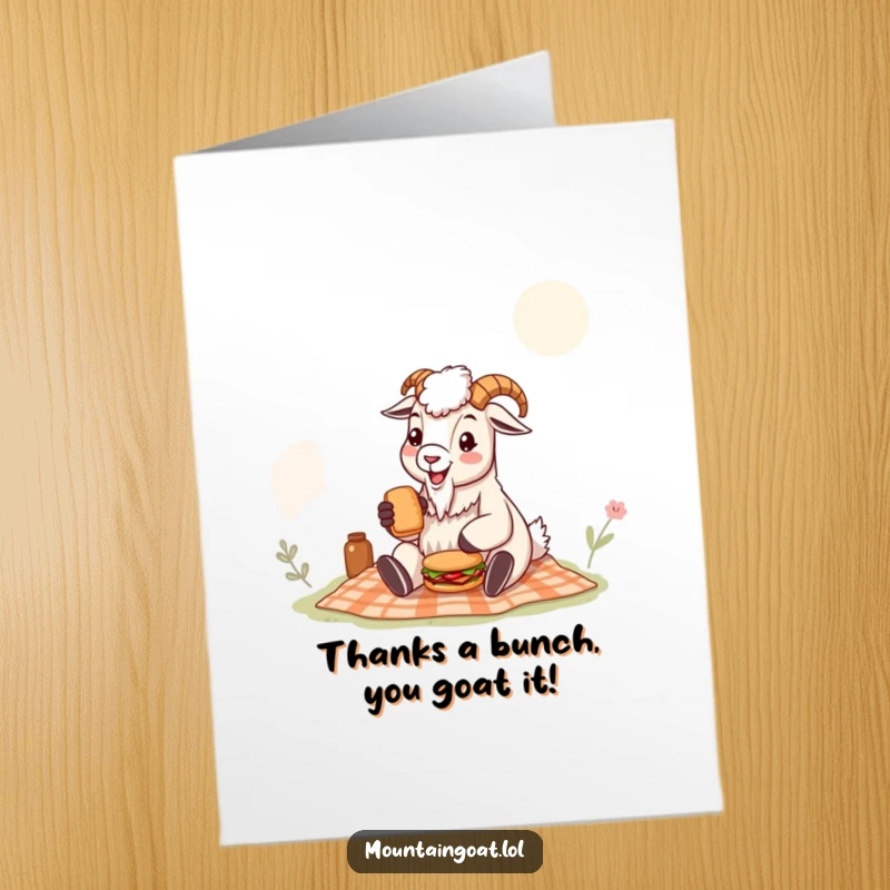 Funny Free Printable Thank you Card: A happy mountain goat savors a tiny sandwich at a picnic, expressing thanks.
