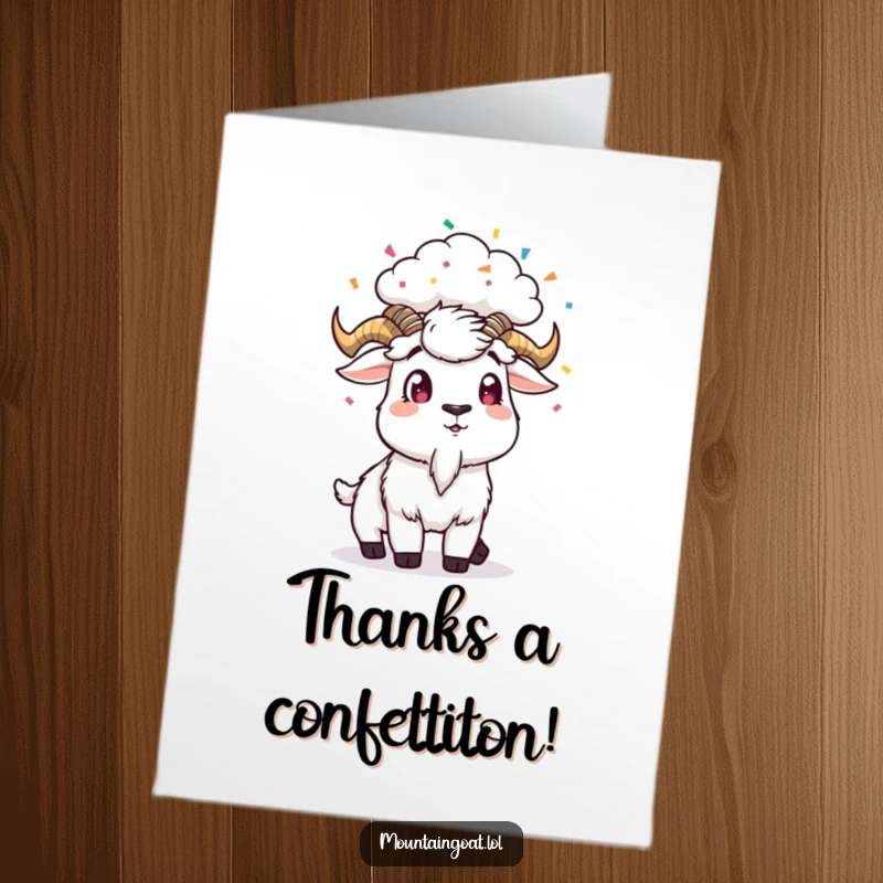 Funny Free Printable Thank You Card: A mountain goat is caught off guard as a tiny cloud overhead bursts with celebratory confetti.