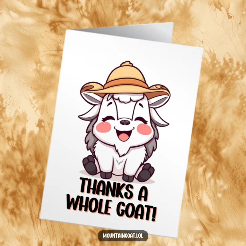 Funny Free Printable thank you card featuring a mountain goat in a jaunty hat, expressing thanks with a hearty laugh.