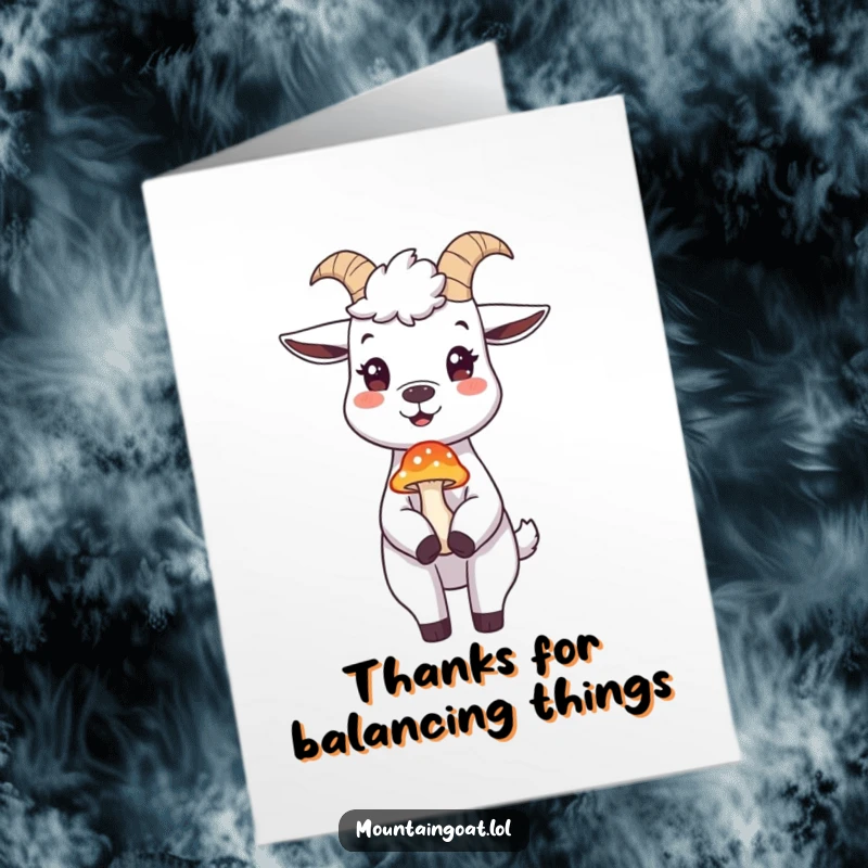 Funny Free Printable Thank You Card: Amused mountain goat expertly balancing a vibrant mushroom on its nose, expressing thanks.