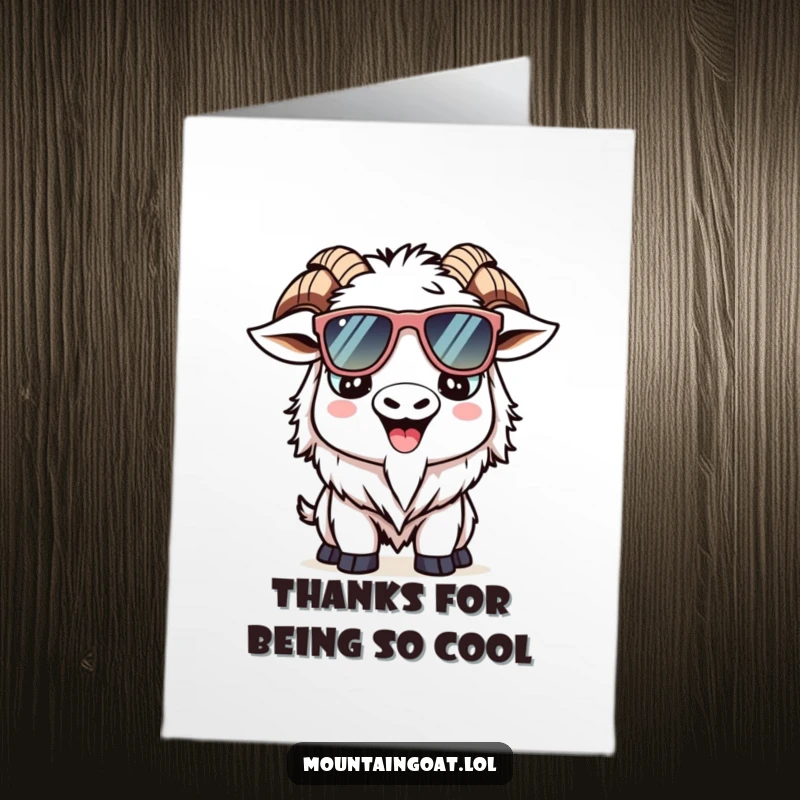 Funny free printable Kawaii mountain goat thank you card, wearing cool oversized sunglasses with a friendly smile.