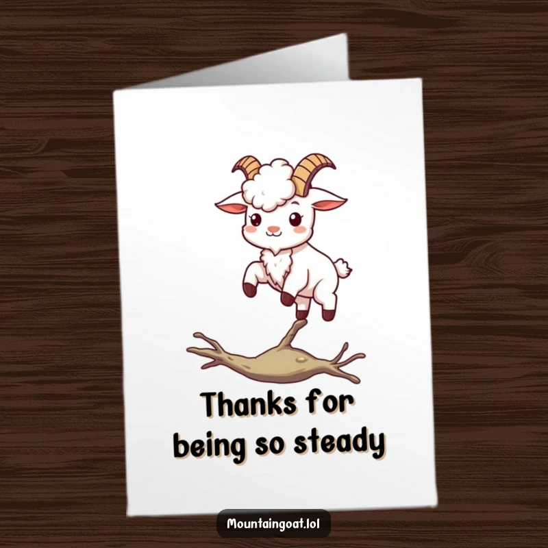 Funny Free Printable Kawaii Mountain Goat Card: Happy goat balancing on a branch, showing thanks.