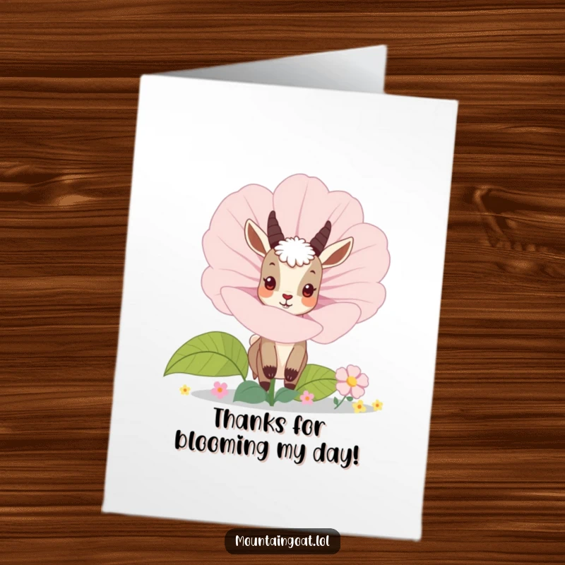Funny Free Printable Thank You Card: A curious mountain goat peeking from behind a big flower, saying thanks with a shy grin.