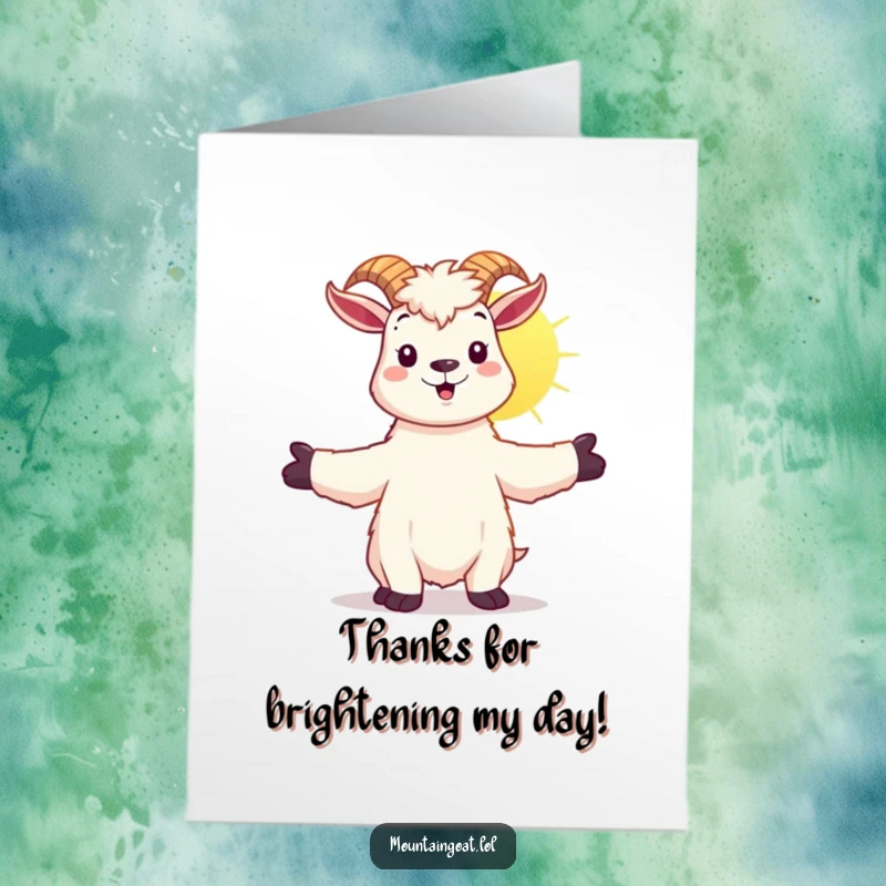 Funny Free Printable Thank You Card: Cheerful kawaii mountain goat with arms spread wide, embracing warm sunshine with gratitude.