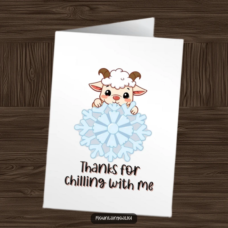 Funny Free Printable Thank You Card: A curious kawaii mountain goat peeking over a giant, detailed snowflake, conveying warm thanks.