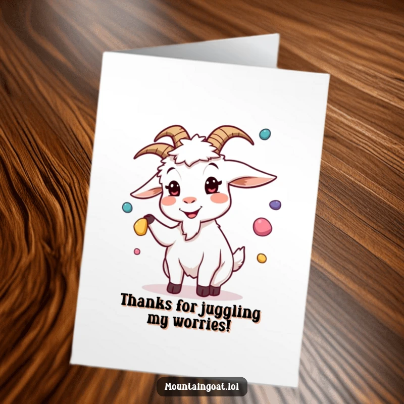 Funny Free Printable Thank You Card: A goat juggles colorful pebbles with a silly expression, a unique way to say thanks. Printable.