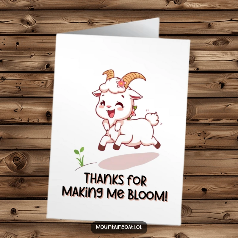 Joyful Free Printable Thank You Card: A happy mountain goat with flowers in its fur skipping cheerfully uphill.