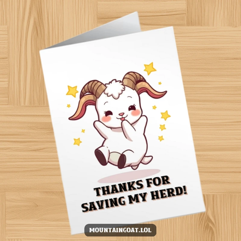 Funny Free Printable Thank You Card: A goat spins with stars after a tumble, expressing thanks in a unique way.