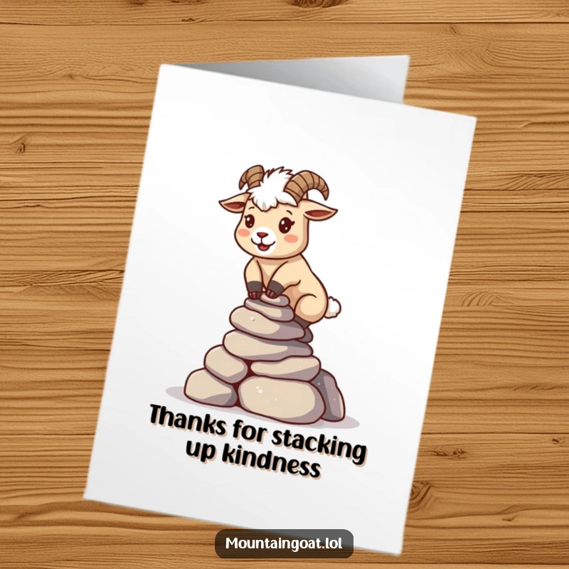 Funny Free Printable Thank You Card: A determined Kawaii mountain goat balancing a stack of tiny rocks, a symbol of support and gratitude.