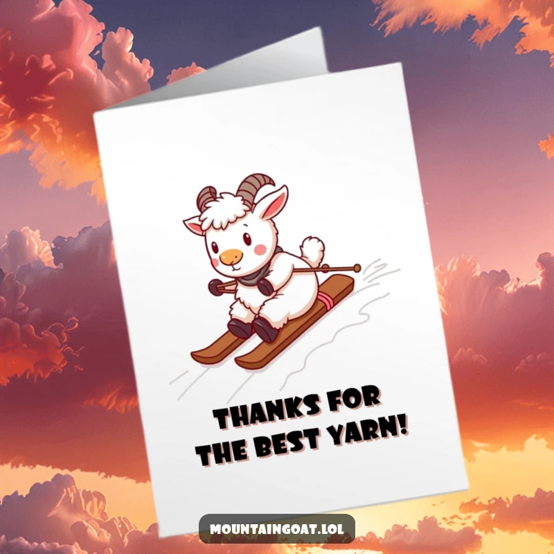 Funny Free Printable Thank You Card: A playful mountain goat skiing down a yarn slope, symbolizing a smooth thank you.