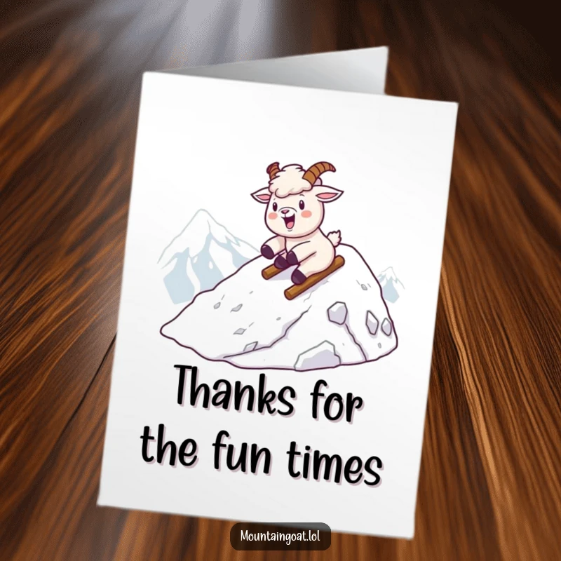 Funny Free Printable Thank You Card: A Kawaii mountain goat sliding excitedly down a snowy peak, sending thanks with speed.