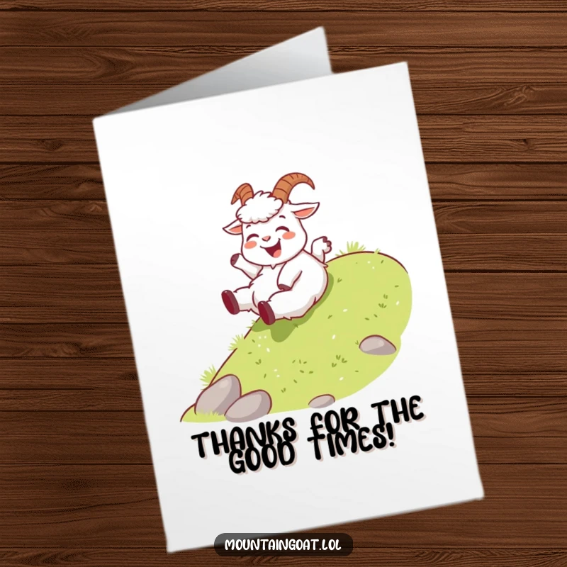 Funny free printable thank you card: Joyous mountain goat playfully slides down a grassy slope, conveying thanks with cheerful ease.