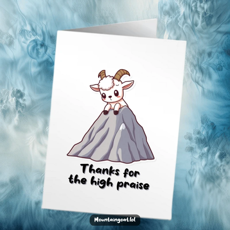 Funny free printable Kawaii mountain goat thank you card, peering curiously from a high peak, expressing gratitude.