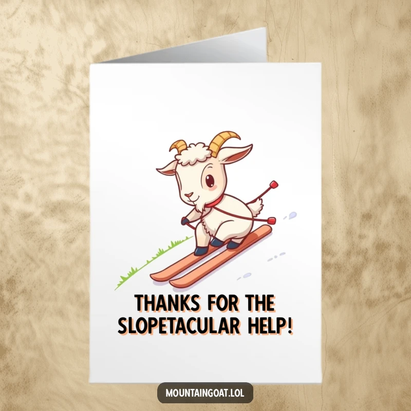 Funny Free Printable Thank You Card: A goat awkwardly skis on grass, a unique and humorous way to show appreciation. DIY.