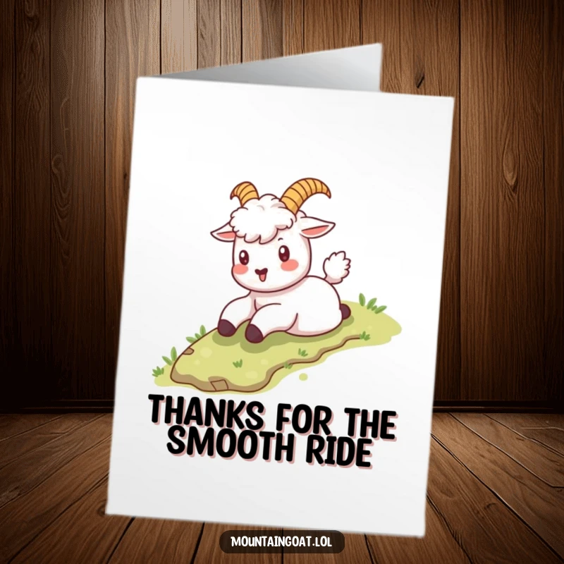 Funny Free Printable Kawaii Mountain Goat Card: Playful goat sliding down a grassy slope to thank someone.