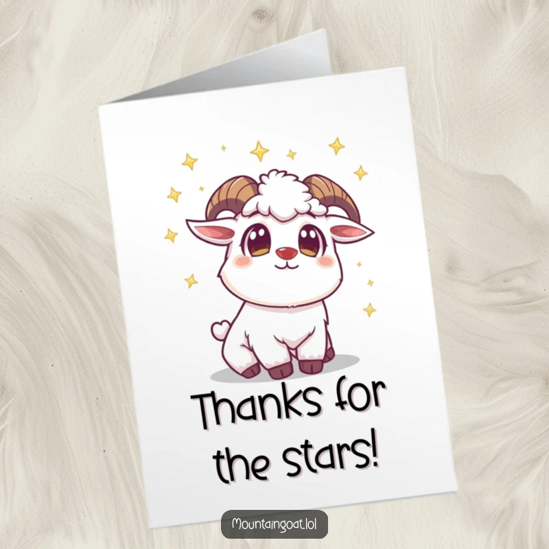 Funny Free Printable Thank You Card: A mountain goat with wide eyes looking up at twinkling stars, conveying thanks.
