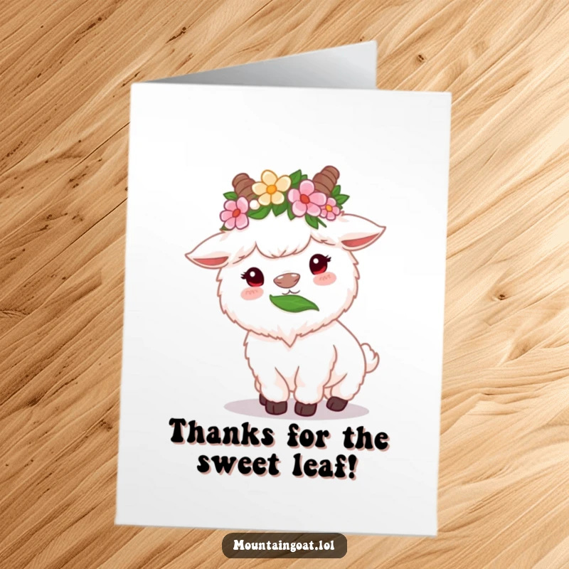 Funny free printable thank you card: Fluffy white mountain goat in a flower crown happily munches a leafy treat, expressing gratitude peacefully.