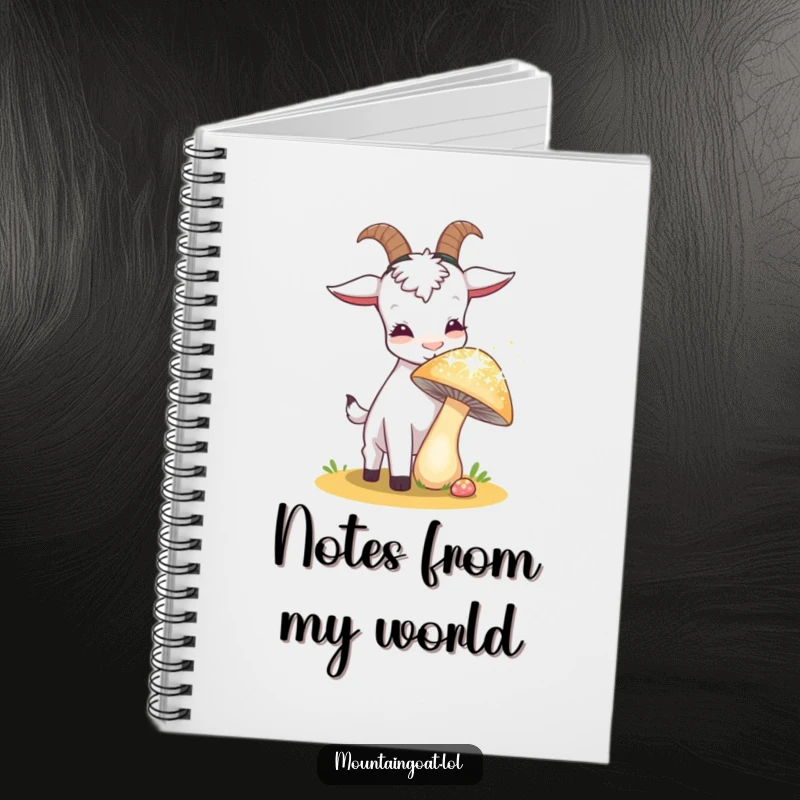 Funny goat curiously sniffing a sparkling, oversized mushroom on a notebook cover, ideal for journaling wondrous thoughts and sketching adventures.',