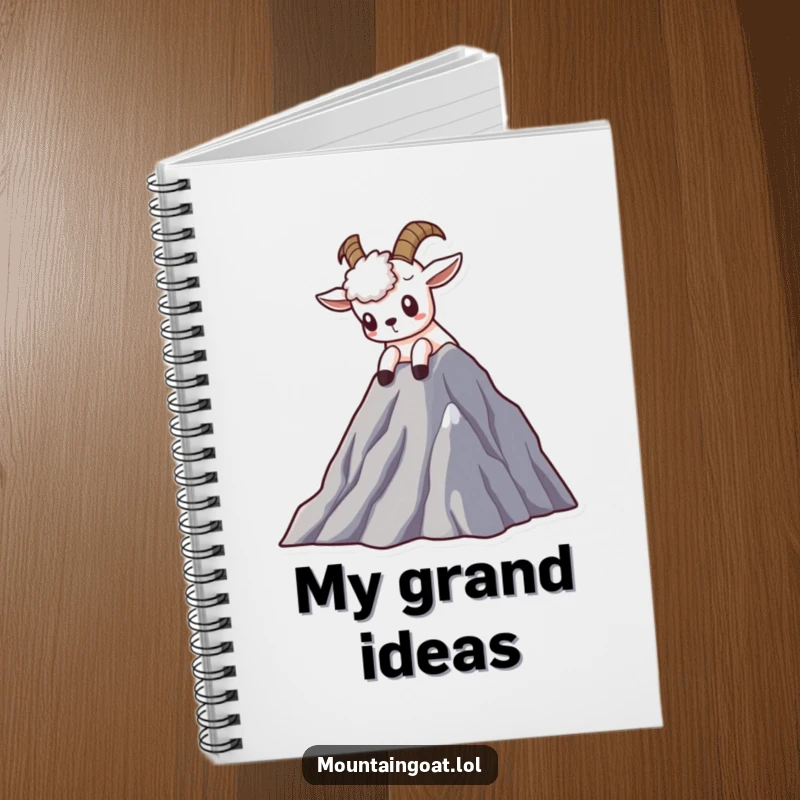 Funny Kawaii mountain goat notebook featuring a curious goat peering from a peak, perfect for note-taking.