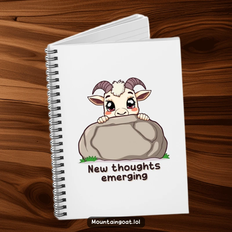 Funny curious mountain goat notebook, peeking over a large boulder with wide pupils, perfect for notes and capturing curious thoughts.