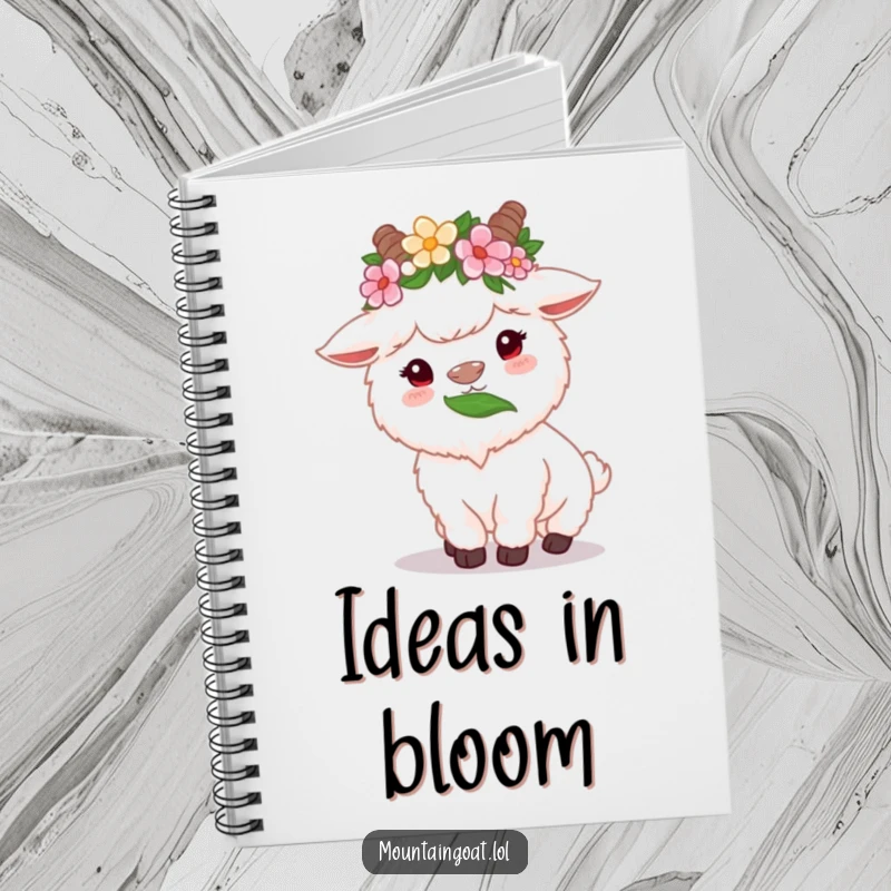 Funny fluffy white mountain goat notebook with flower crown, happily munching on a high leaf, perfect for notes and creative ideas.