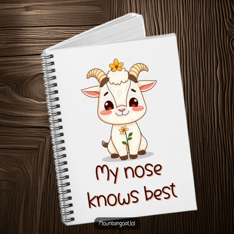 Funny notebook with a giggling mountain goat balancing a tiny flower on its nose, perfect for jotting down happy thoughts.