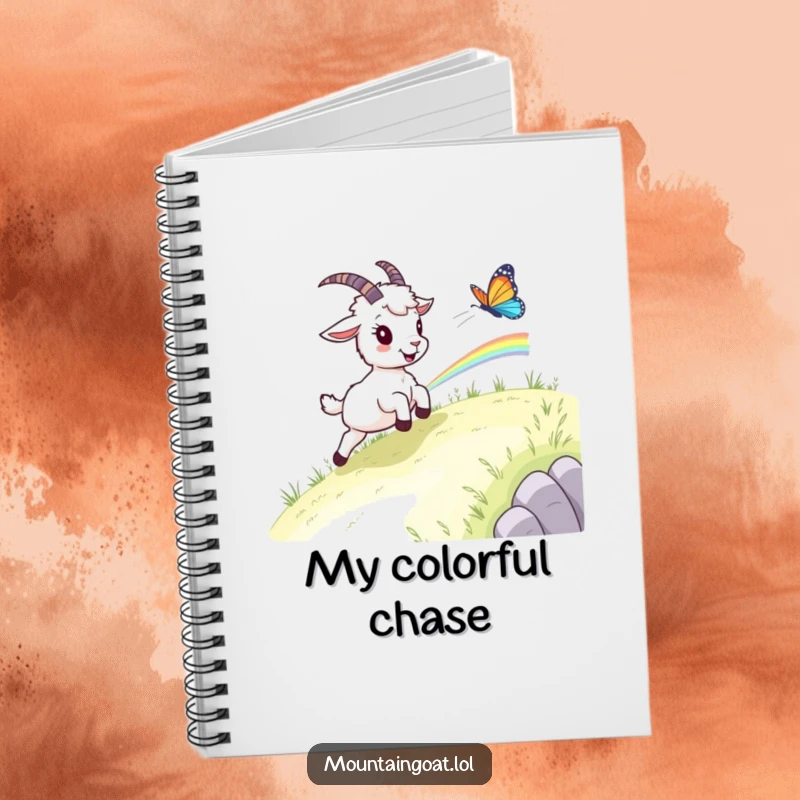 Funny goat adventure notebook, a mountain goat chasing a rainbow butterfly, inspiring outdoor adventures and creative writing.