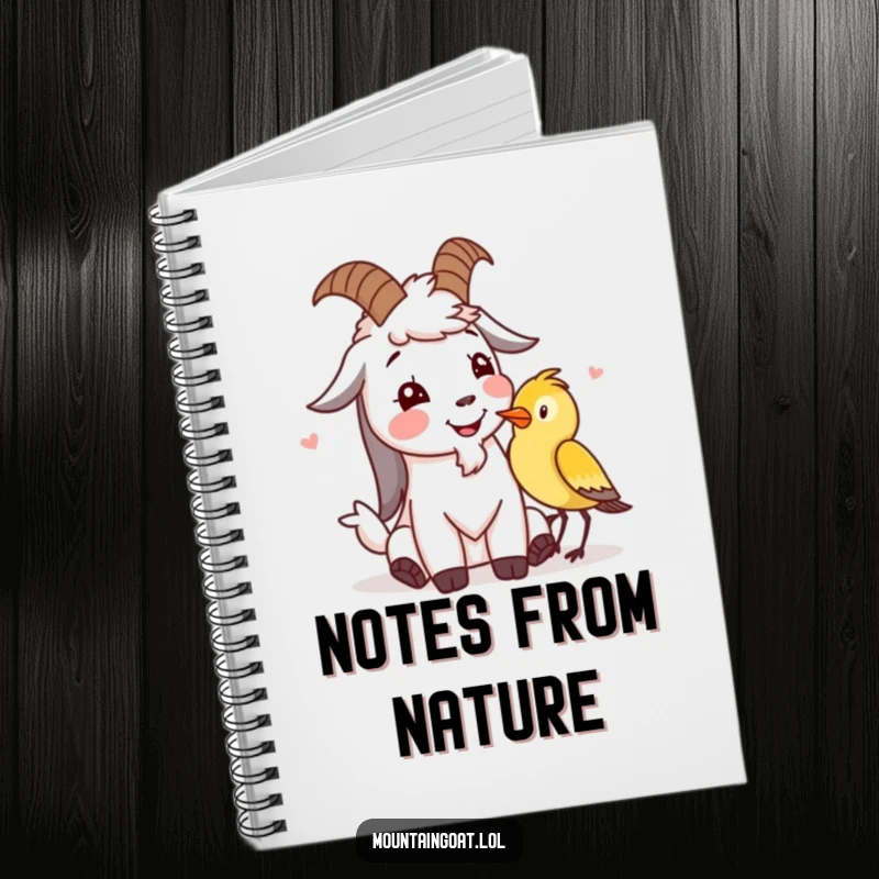 Funny mountain goat notebook with a character giggling with a bird, encouraging journaling and note-taking with charm.