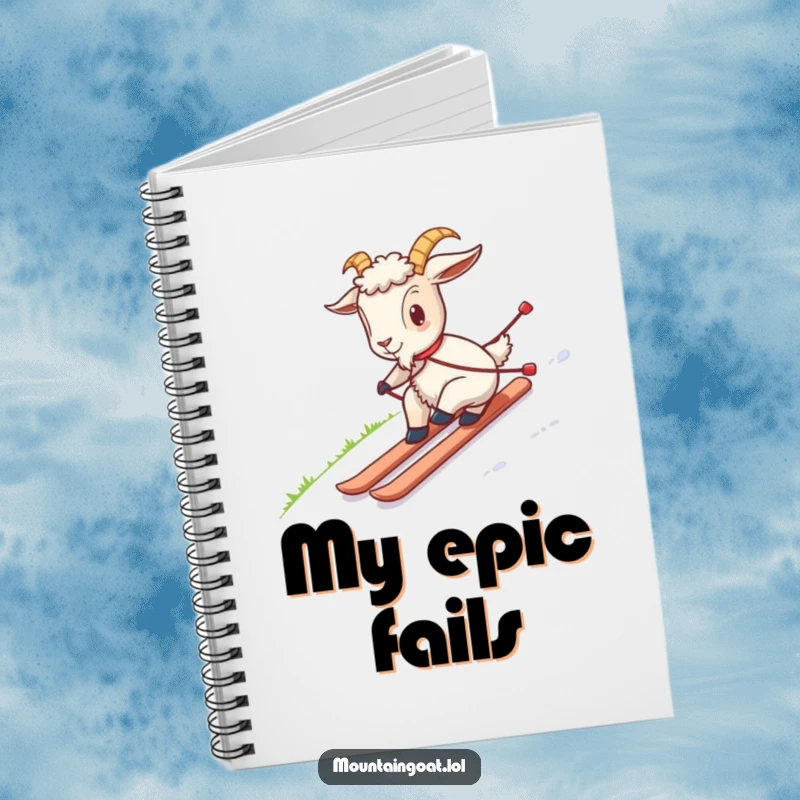 Funny notebook cover illustrating a goat awkwardly skiing on grass, providing ample space for writing and a humorous design.