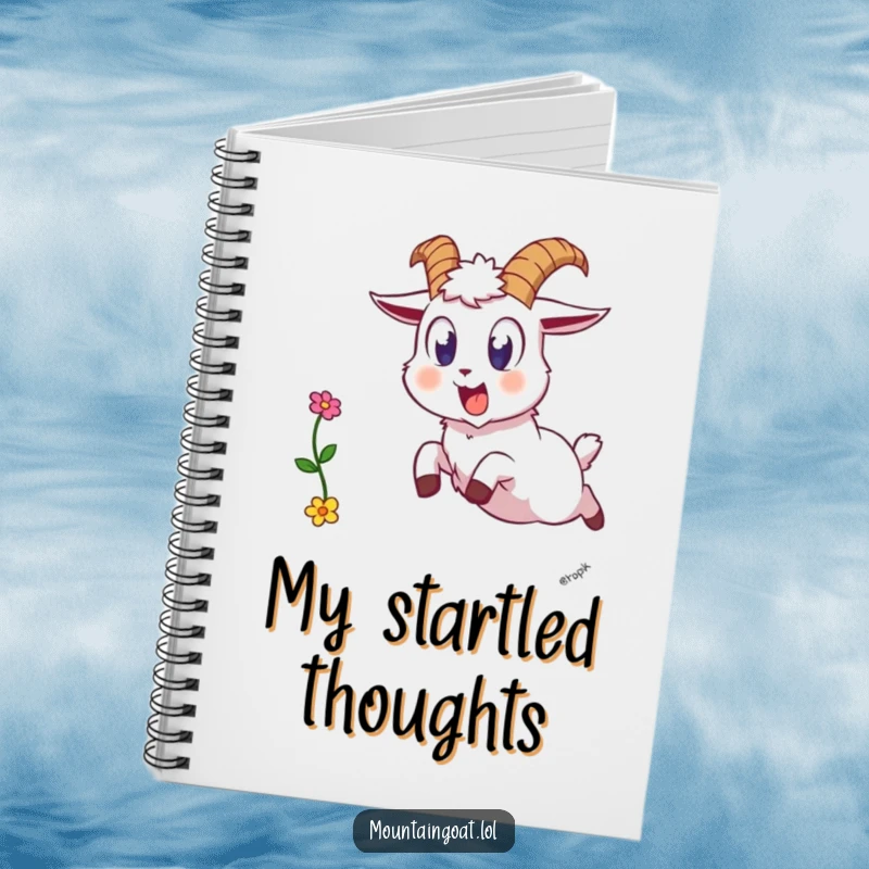 Funny goat surprise notebook, a startled mountain goat dropping a flower, inspiring creative writing and capturing surprising thoughts.