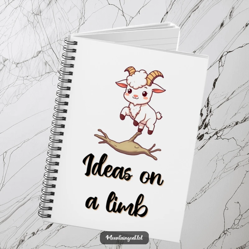 Funny kawaii mountain goat balancing on a branch, ideal for jotting down balanced ideas in this humorous notebook.