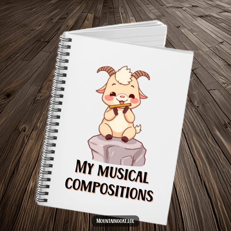 Funny kawaii mountain goat playing a flute on a mountain ledge, on the cover of a music-themed notebook.