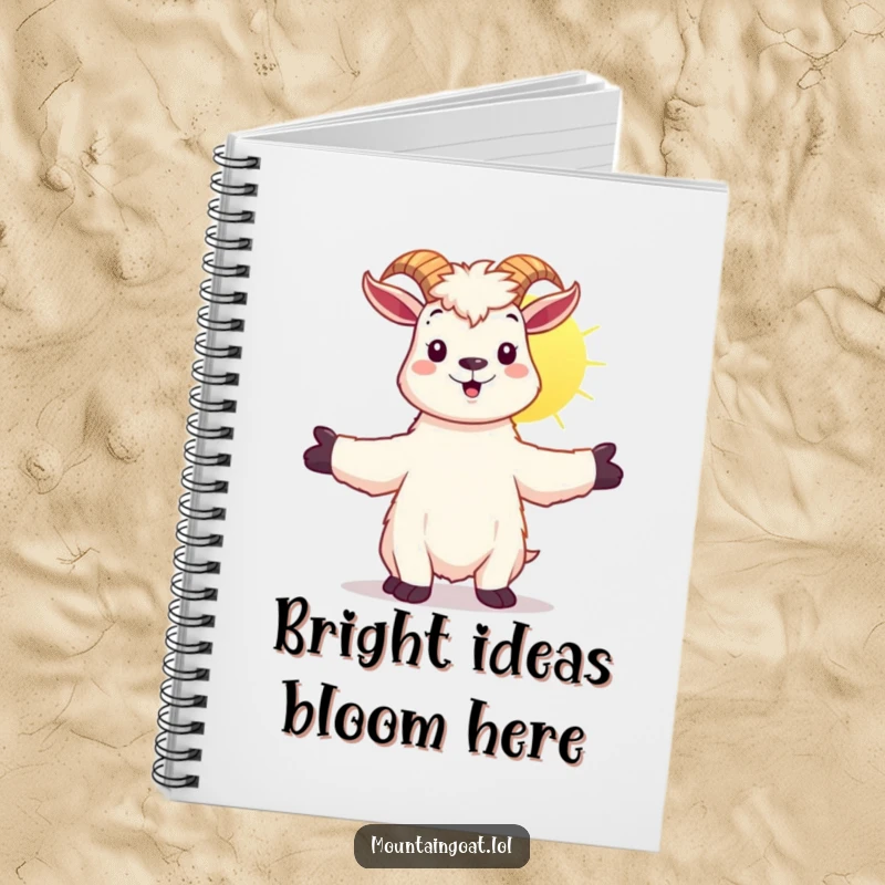 Funny kawaii mountain goat embracing the sunshine, on the cover of a lined notebook.