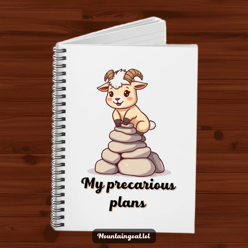 Funny kawaii mountain goat balancing a stack of rocks, on the cover of a focus-themed notebook.