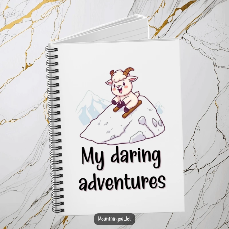 Funny kawaii mountain goat sliding down a snowy peak, on the cover of a winter-themed notebook.