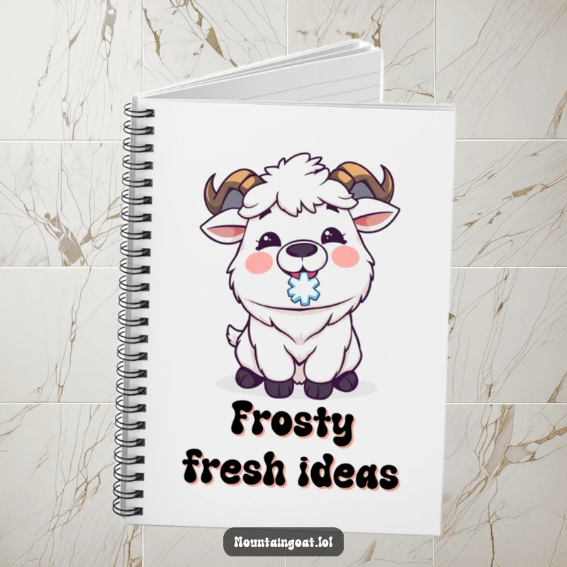 Funny Kawaii mountain goat catching a snowflake on its tongue, inspiring joy for writing. A delightful and humorous notebook.
