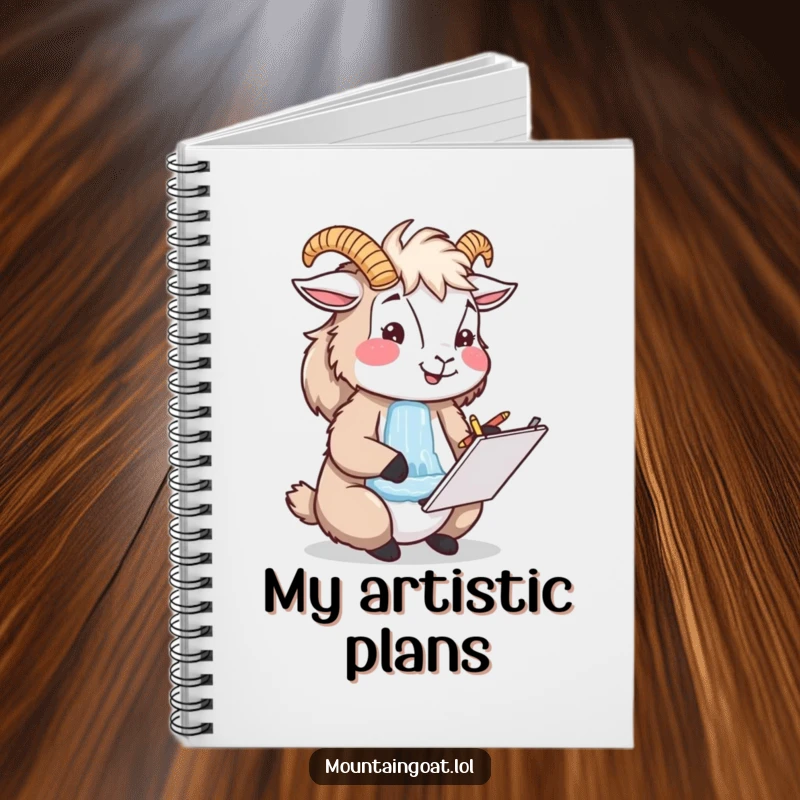 Funny happy mountain goat artist sketching a waterfall, ideal for artists to jot down ideas and sketches.