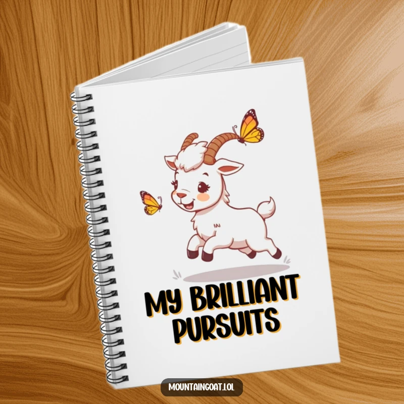 Funny mountain goat notebook featuring a playful character chasing a butterfly, designed for creative writing and whimsical note-taking.