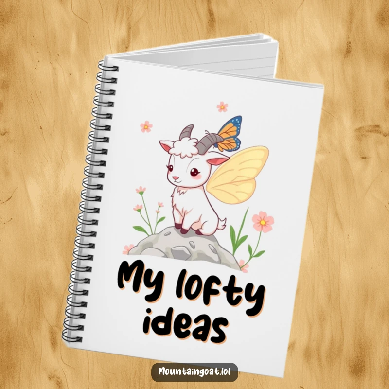 Funny Notebook: A cover illustration of a mountain goat with iridescent butterfly wings, positioned near mountain blossoms, perfect for jotting funny ideas.