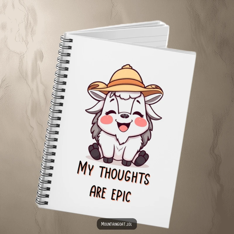 Funny mountain goat notebook featuring a laughing character in a jaunty hat, designed for jotting notes with a humorous, playful style.